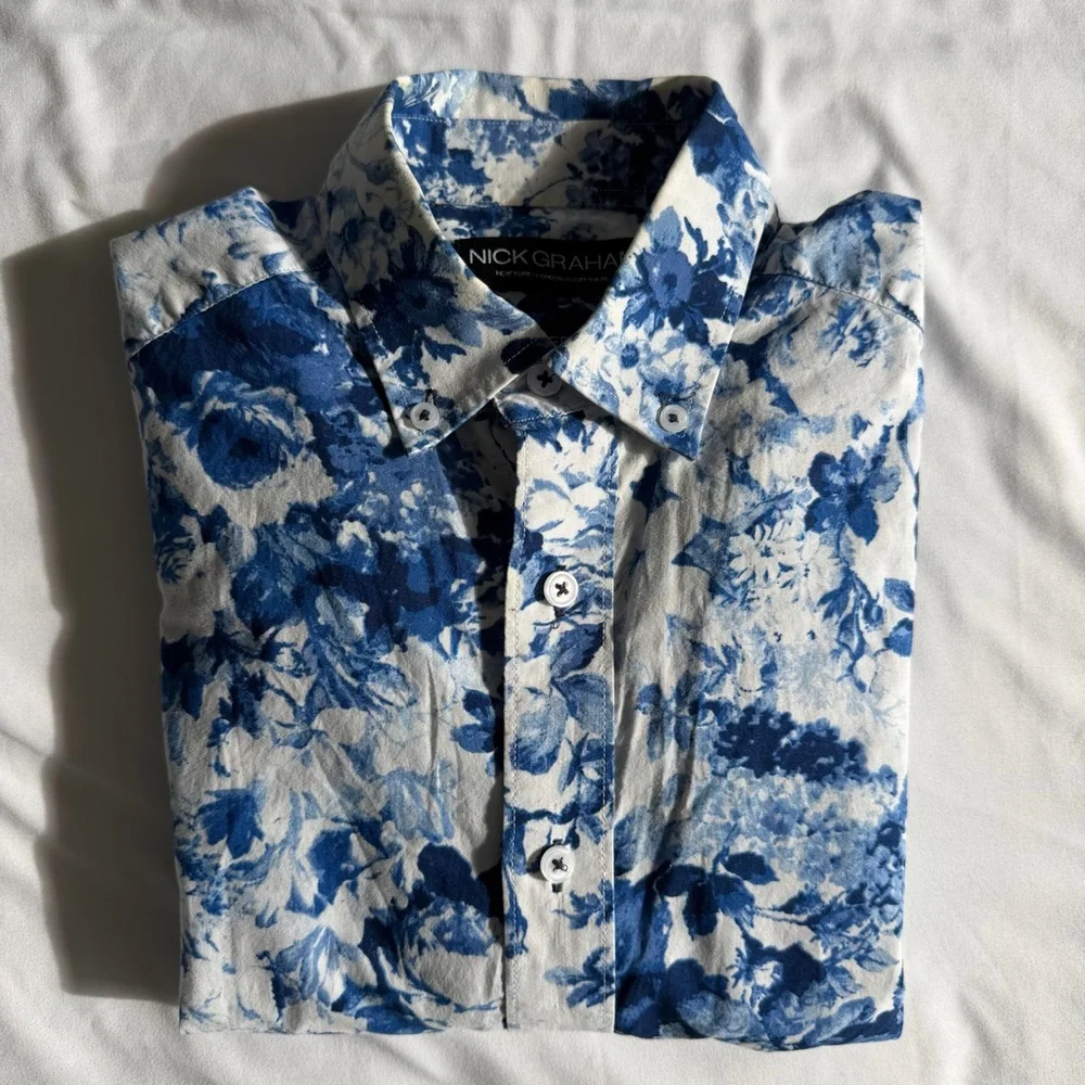 Nick Graham 100% Cotton Modern Fit Blue White Floral Men's Button Down Shirt - Picture 1 of 14